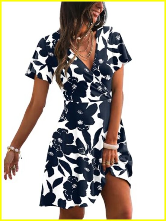 Dresses & Skirts - Women's Wrap V Neck A-Line Dress Floral Summer Casual Ruffle Short Sleeve 95%